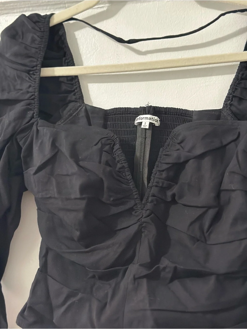 Reformation Black Ruched Puff-Sleeve Square Neck Top